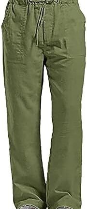 سروال رجالي من القطن والكتان بقصة فضفاضة من ياوهول، سروال يوغا كاجوال برباط خصر مرن وقصة أرجل مستقيمة