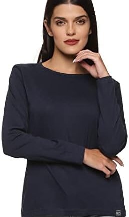 تي شيرت قطن سادة بقصة عادية واكمام طويلة وقبة دائرية للنساء من ار اس او اوتفيتس