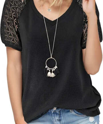 تي شيرت برقبة على شكل حرف V، بلايز صيفية لطيفة باكمام قصيرة