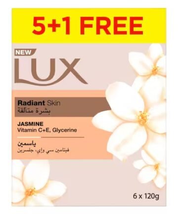 لوكس صابون بشرة مشرقة زهرة الياسمين المخملية والياسمين وزيت اللوز 120جرام ×5 +1 حجم العلبة: 120جرام ×5 +1